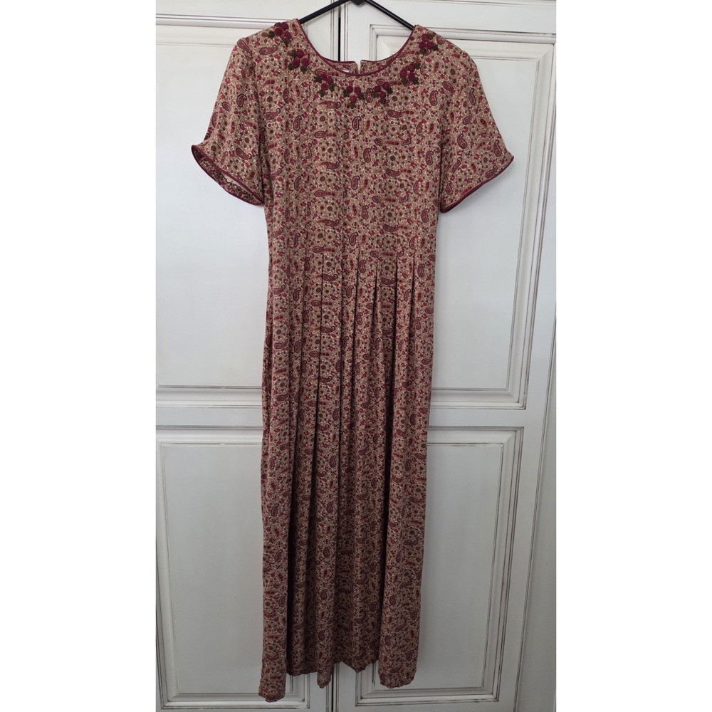 Vtg Sarah Elizabeth Maxi Cottage Core Prairie Dress Paisley Floral Embroidery 14